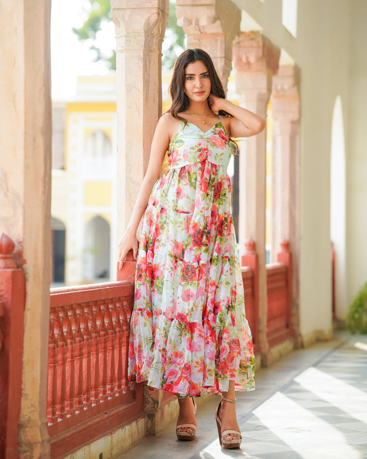 Mint White Loose Floral Dress