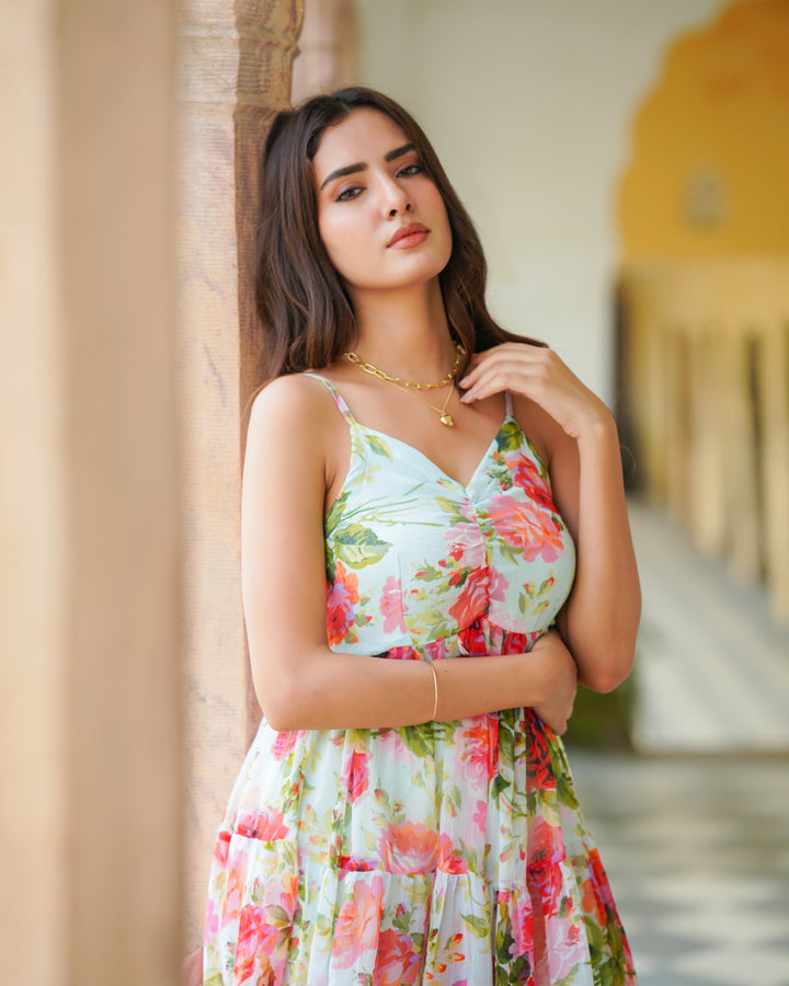 Mint White Loose Floral Dress