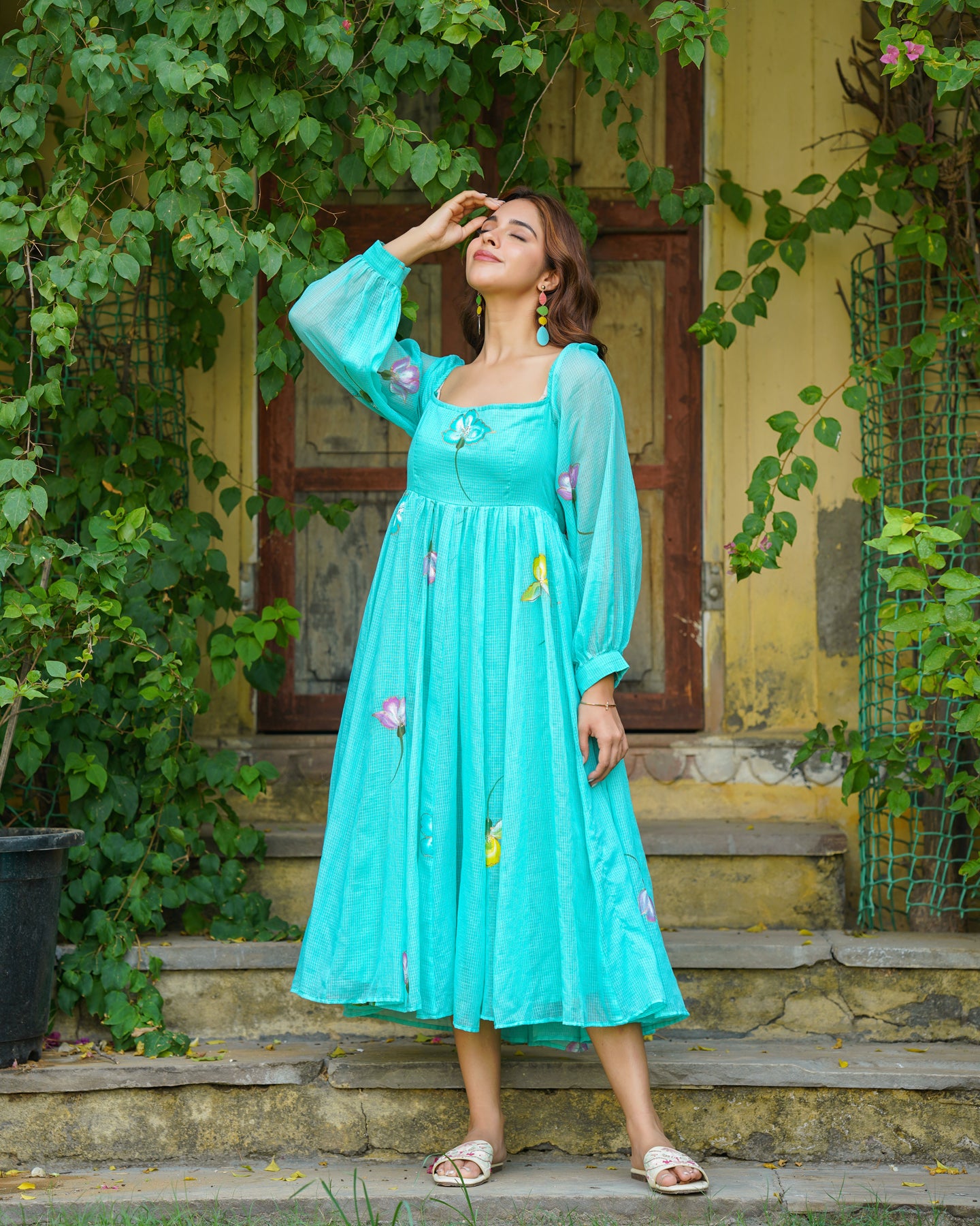Aqua Blue Floral Handpainted Dress Ambraee Aqua Blue Floral Handpainted Dress Ambraee