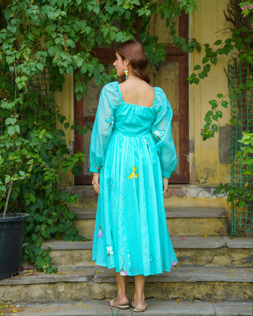 Aqua Blue Floral Handpainted Dress  Ambraee