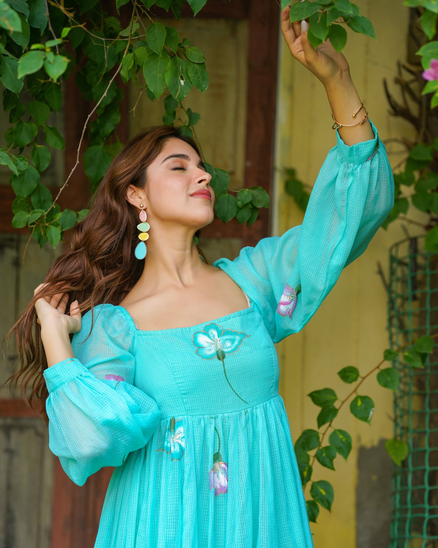 Aqua Blue Floral Handpainted Dress – Ambraee