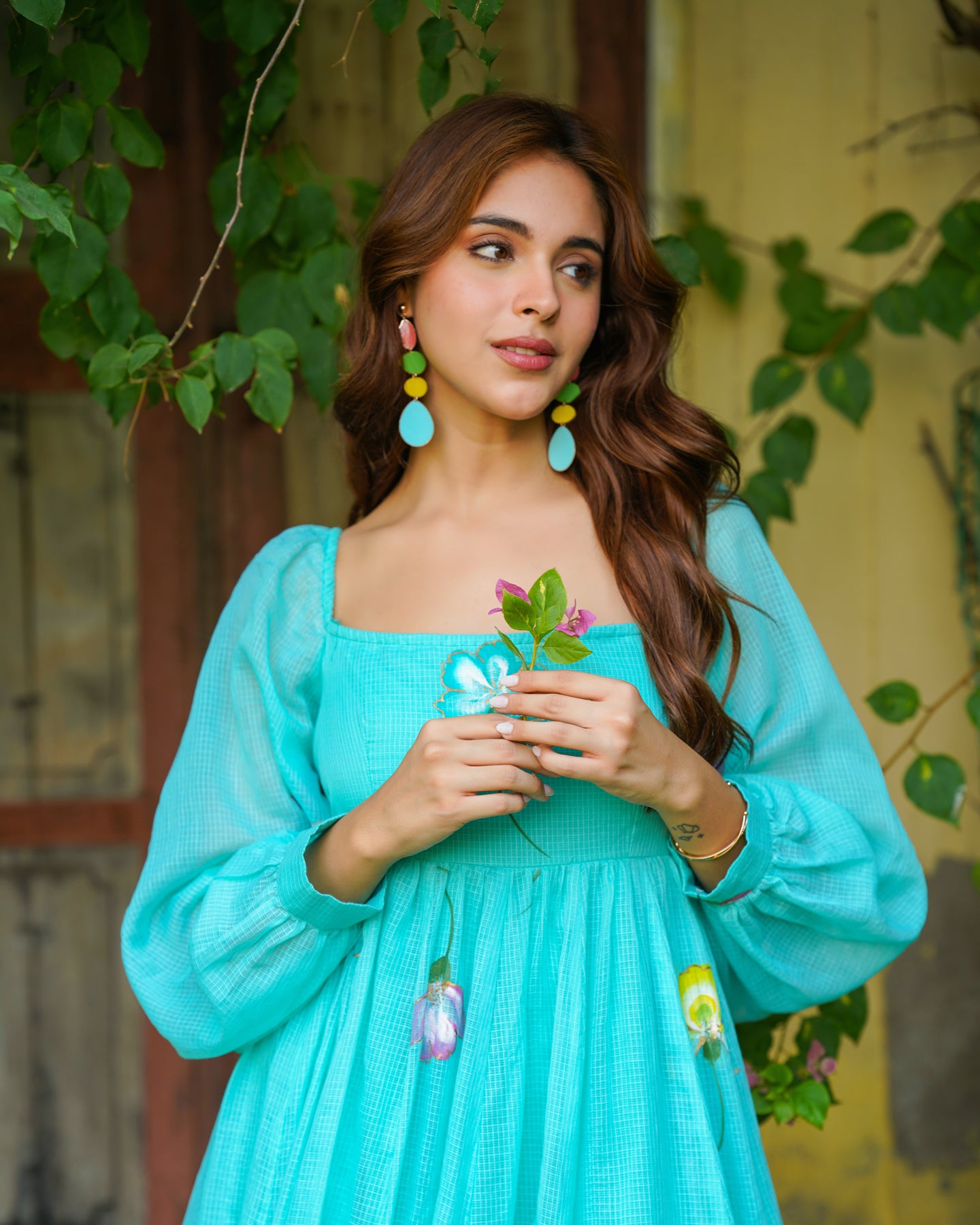 Aqua Blue Floral Handpainted Dress – Ambraee