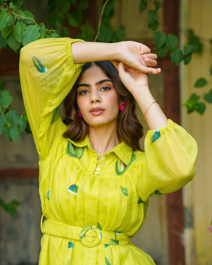 Neon Yellow Handpainted Shirt Dress