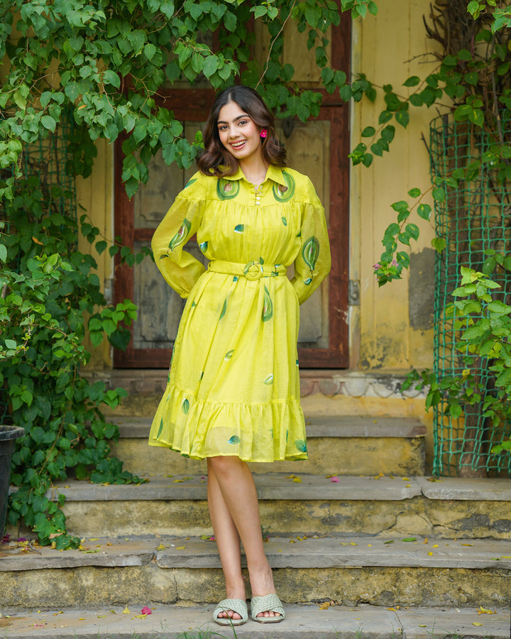 Neon Yellow Handpainted Shirt Dress