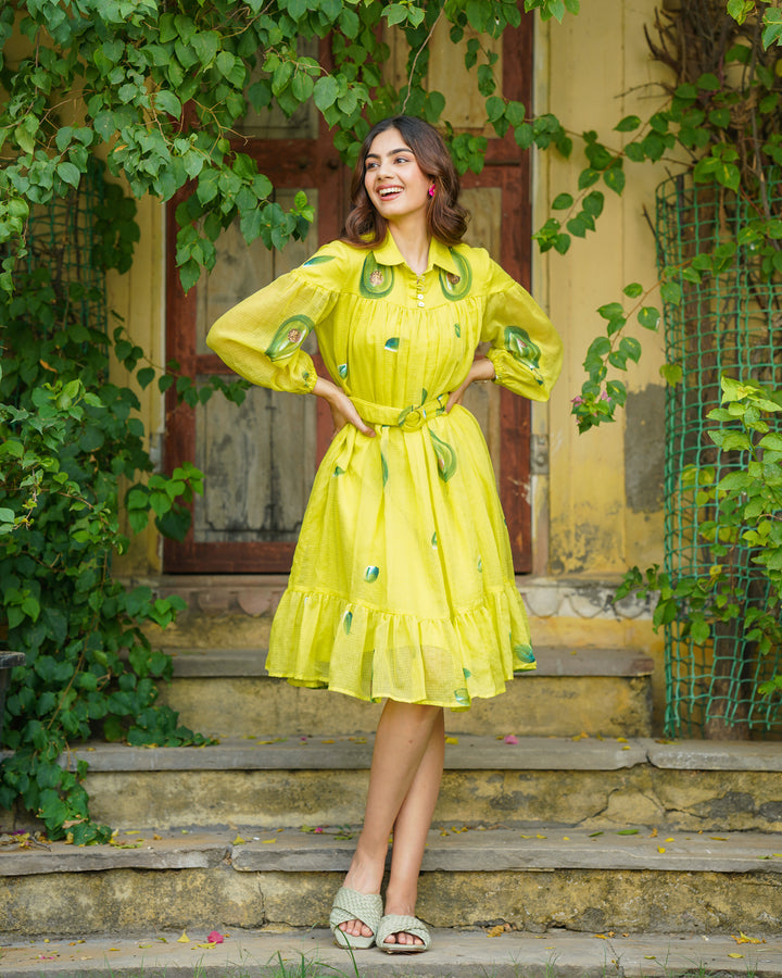 Neon Yellow Handpainted Shirt Dress