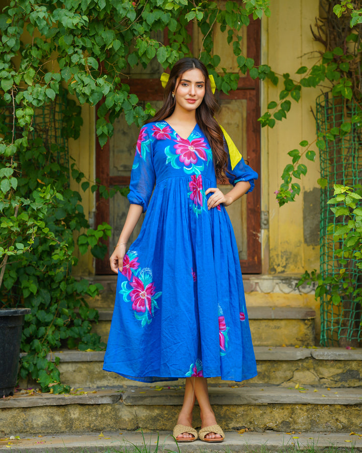 Blue Handpainted Floral Dress