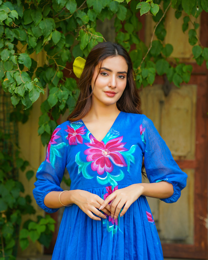 Blue Handpainted Floral Dress