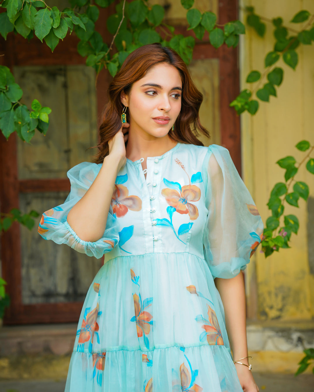 Turquoise Floral handpainted Dress