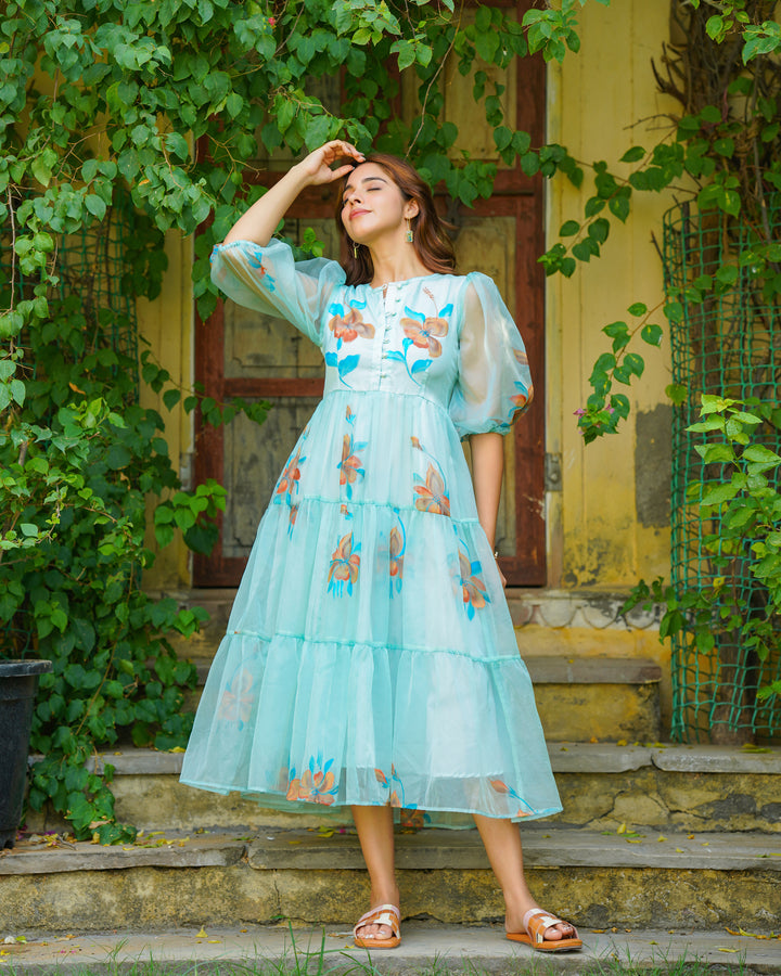 Turquoise Floral handpainted Dress