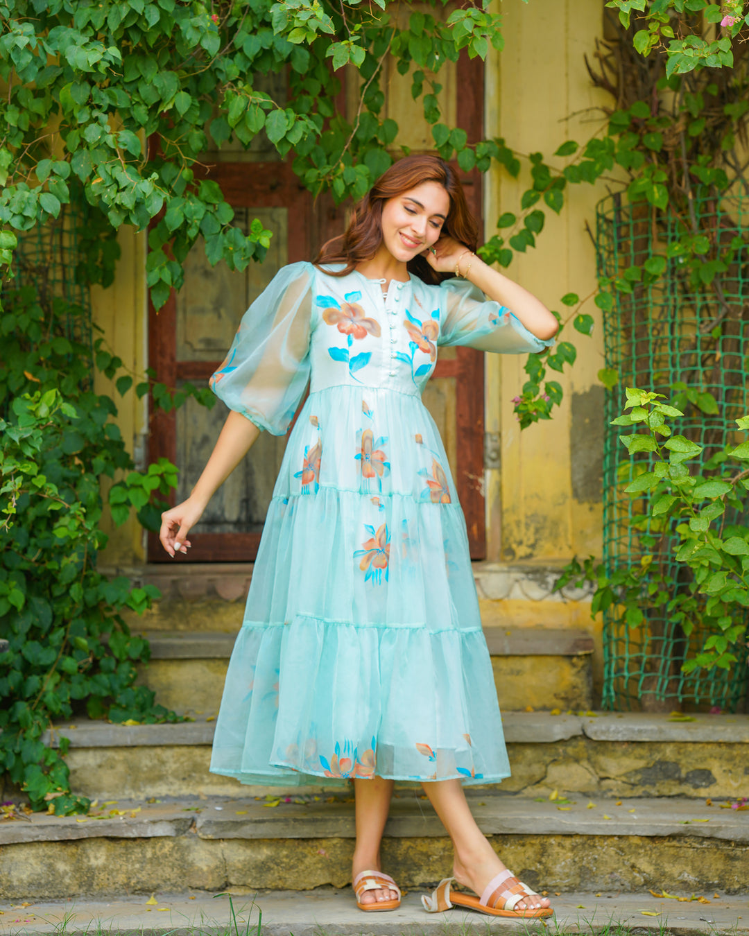 Turquoise Floral handpainted Dress