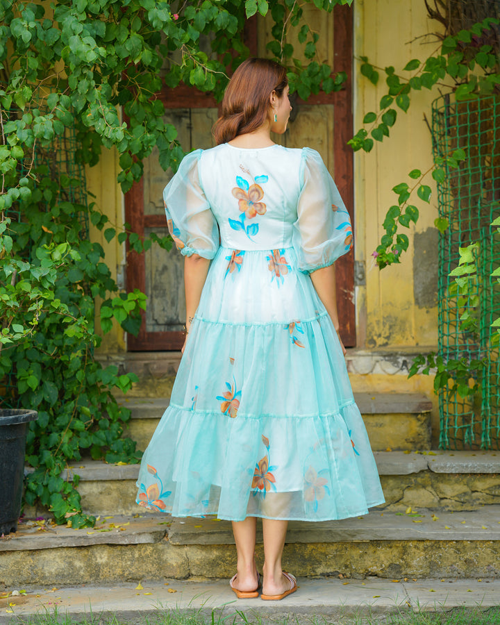 Turquoise Floral handpainted Dress