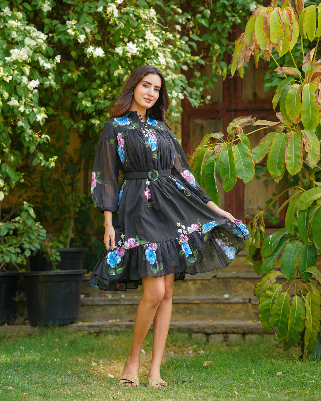 Black Doria Handpainted Floral Dress