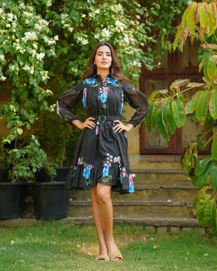 Black Doria Handpainted Floral Dress