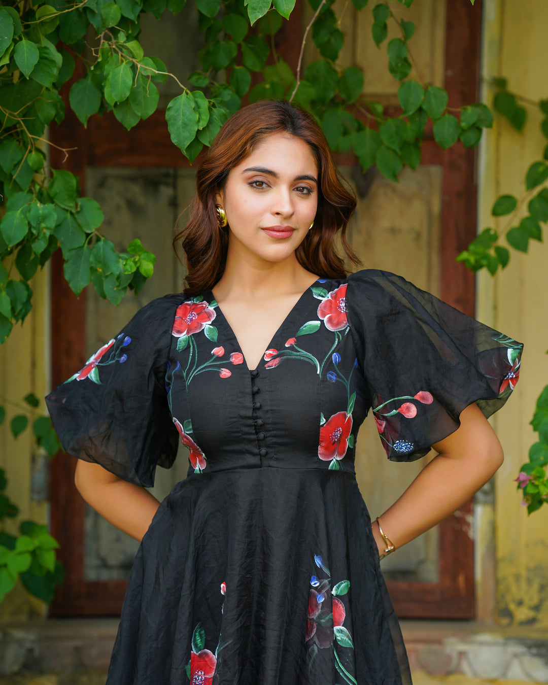 Black Handpainted Floral Dress