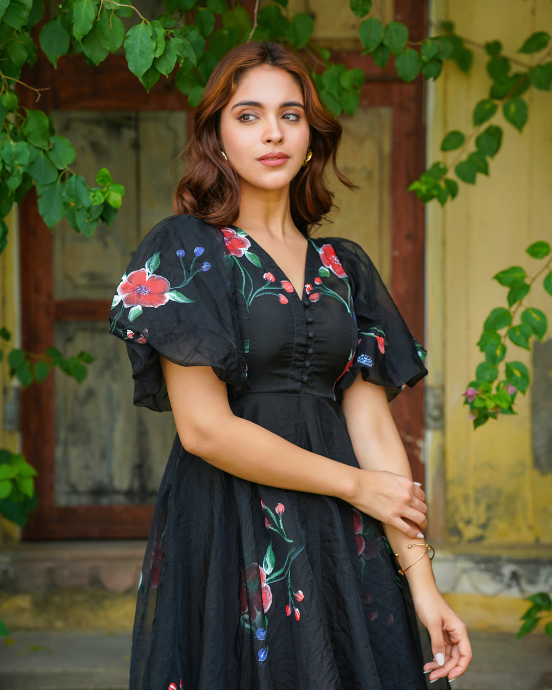 Black Handpainted Floral Dress