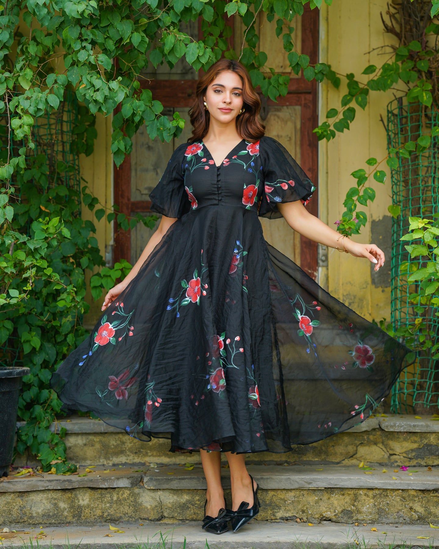 Black Handpainted Floral Dress – Ambraee