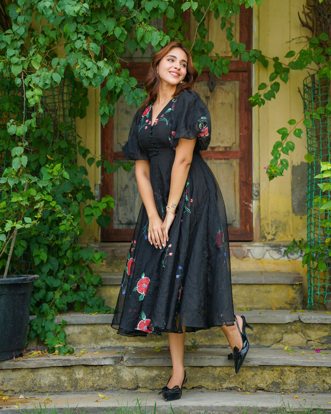 Black Handpainted Floral Dress