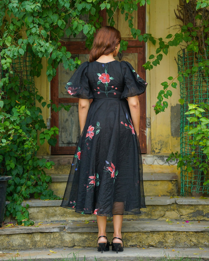 Black Handpainted Floral Dress