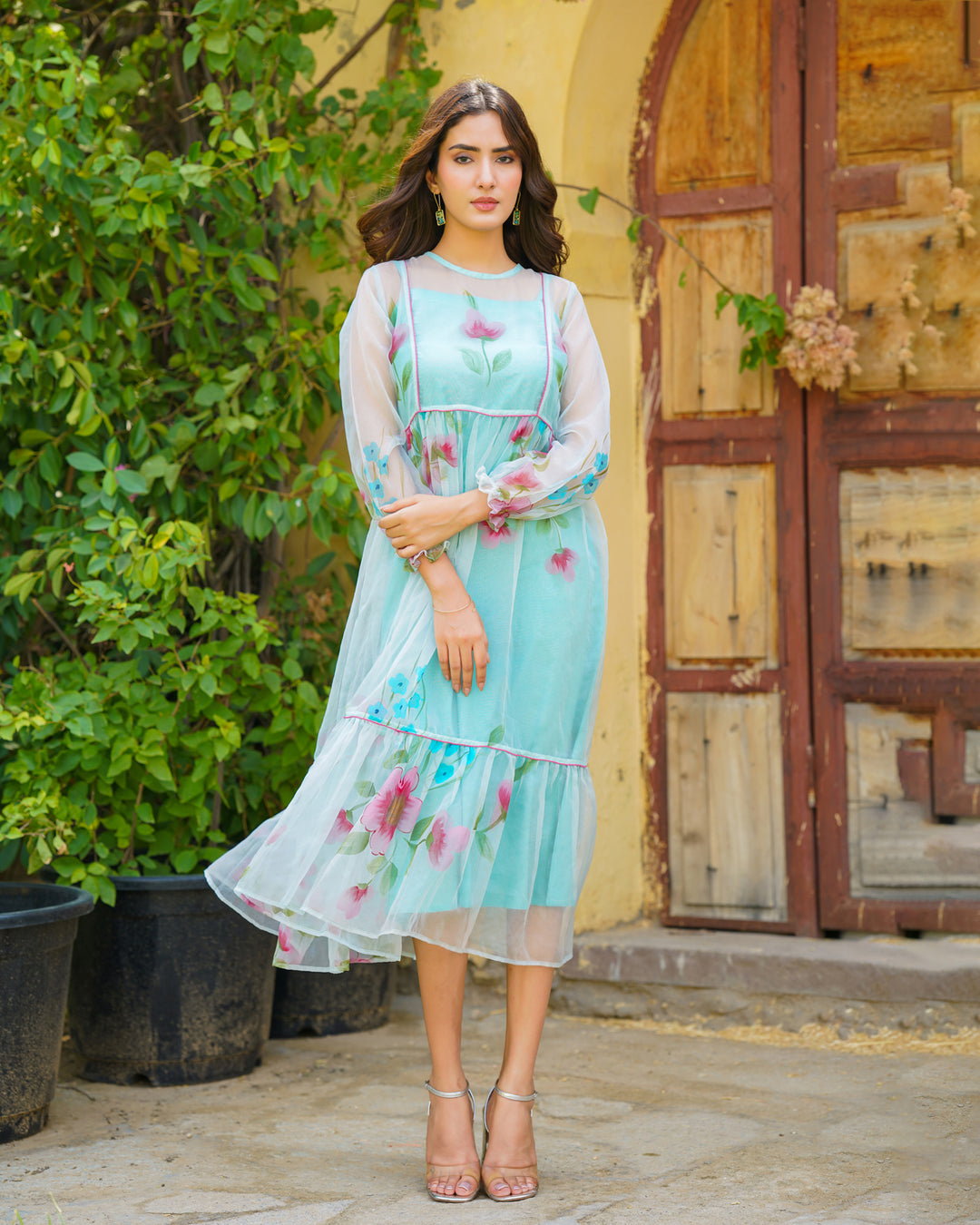 Sheer Blue Handpainted Floral Dress