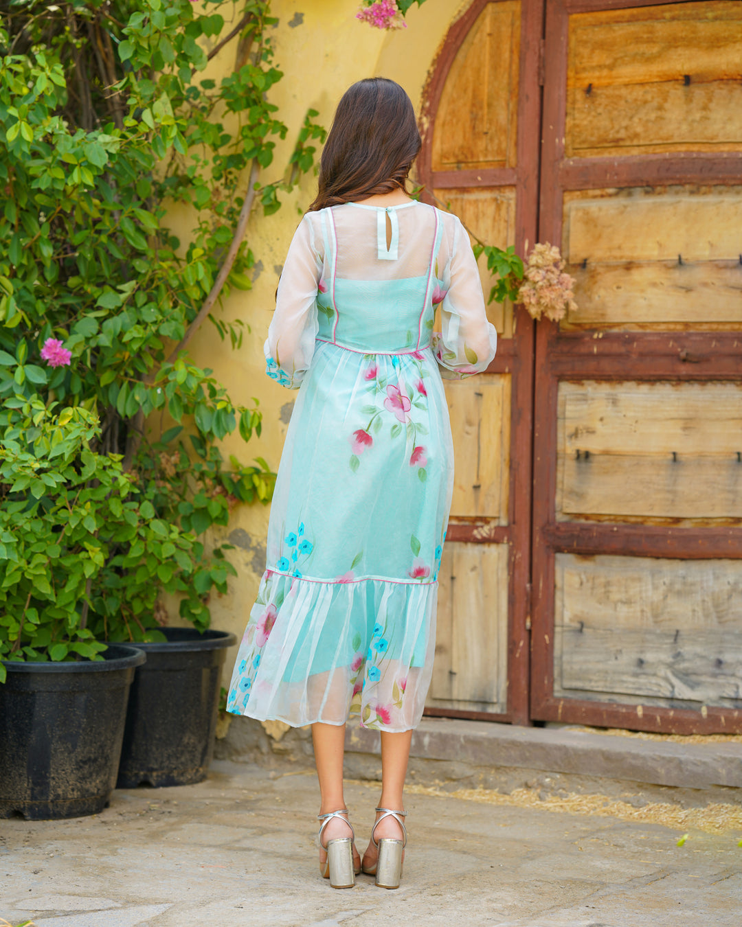 Sheer Blue Handpainted Floral Dress