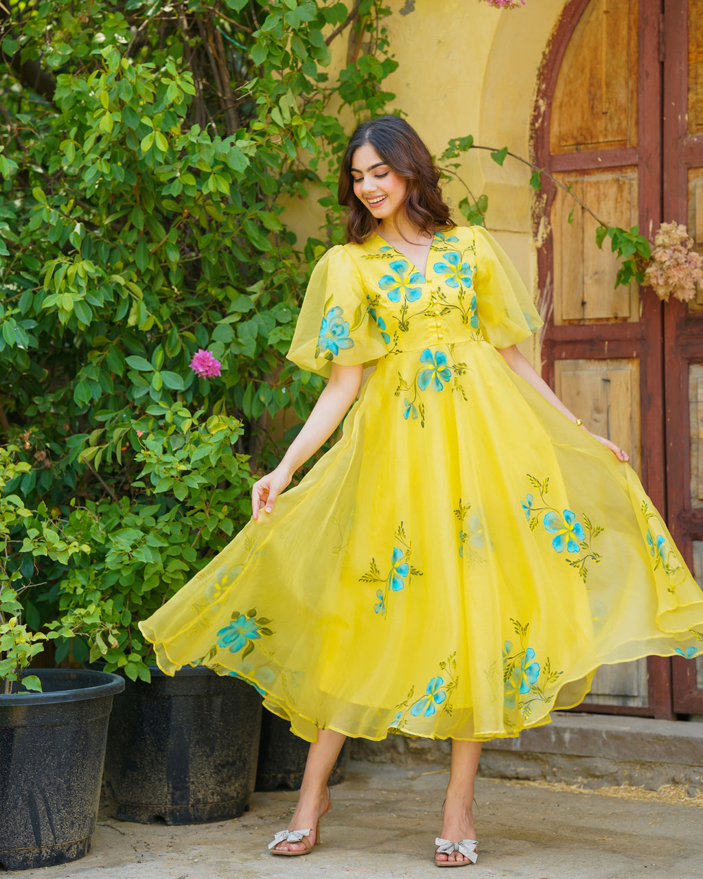 Ambraee Yellow Handpainted Floral Organza Dress for Women | V-Neck Puff Sleeve Umbrella Cut | Casual Ethnic Maxi Dress Ambraee Yellow Handpainted Floral Organza Dress for Women | V-Neck Puff Sleeve Umbrella Cut | Casual Ethnic Maxi Dress