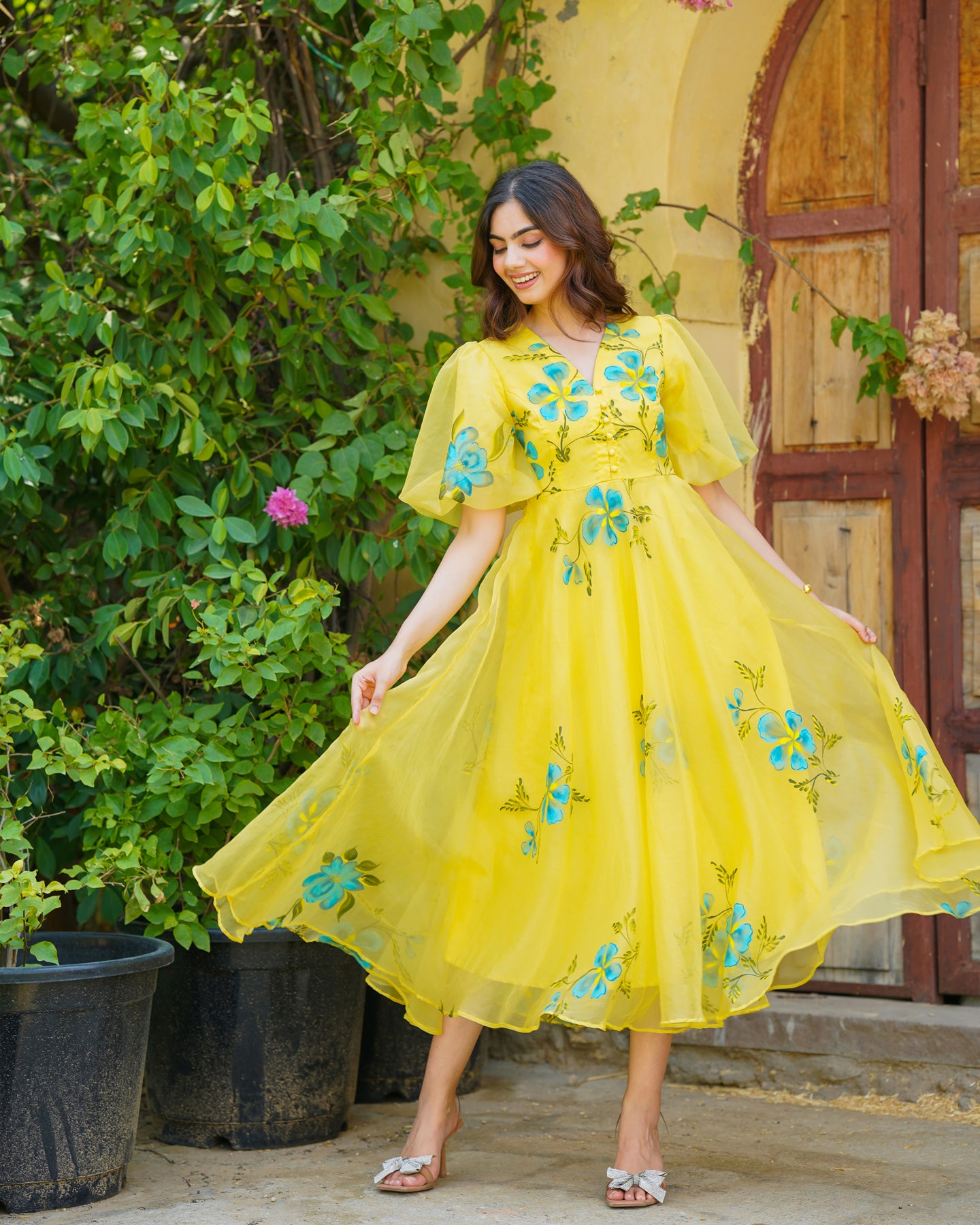 Ambraee Yellow Handpainted Floral Organza Dress for Women | V-Neck Puff Sleeve Umbrella Cut
