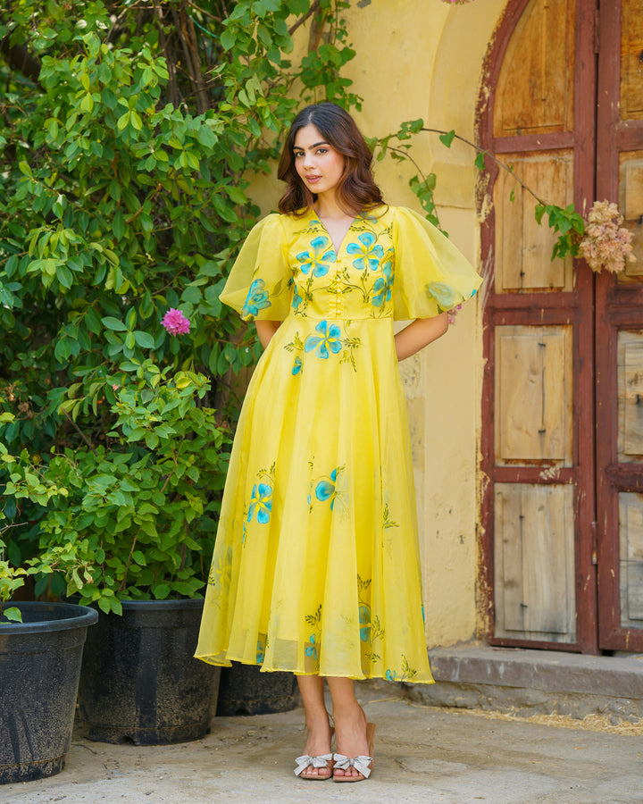 Yellow Handpainted Floral Dress