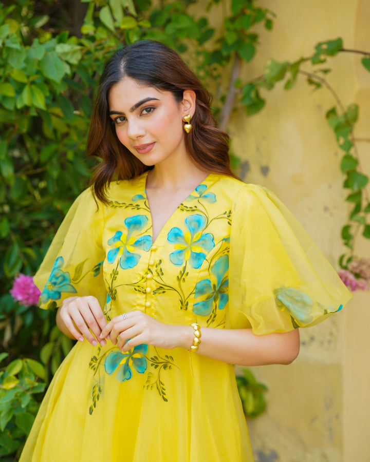 Yellow Handpainted Floral Dress