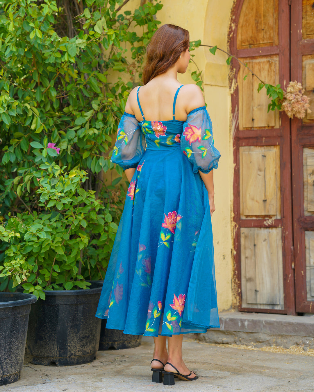 Teal Blue Handpainted Floral Dress