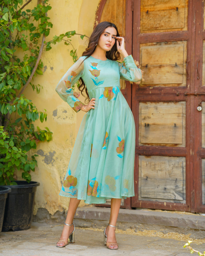 Green Handpainted Organza Dress