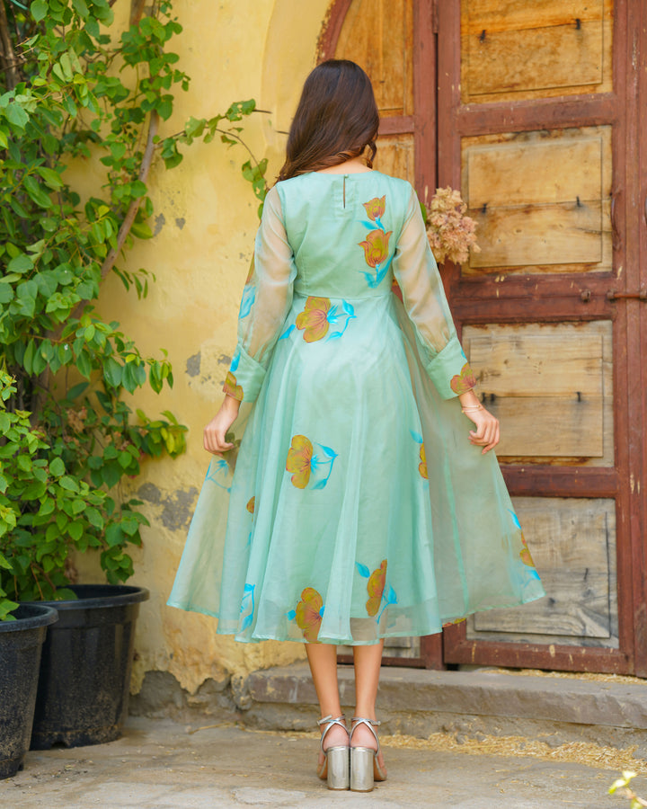 Green Handpainted Organza Dress