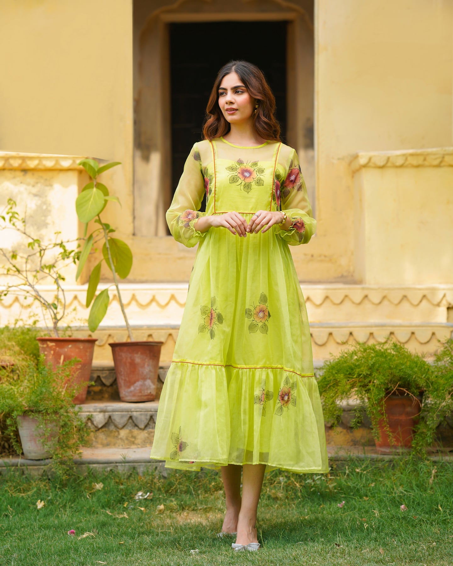 neon green sheer dress Draped Neckline Long Sheer-Corset Prom Dress -PromGirl Neon Green / 4 main image 1