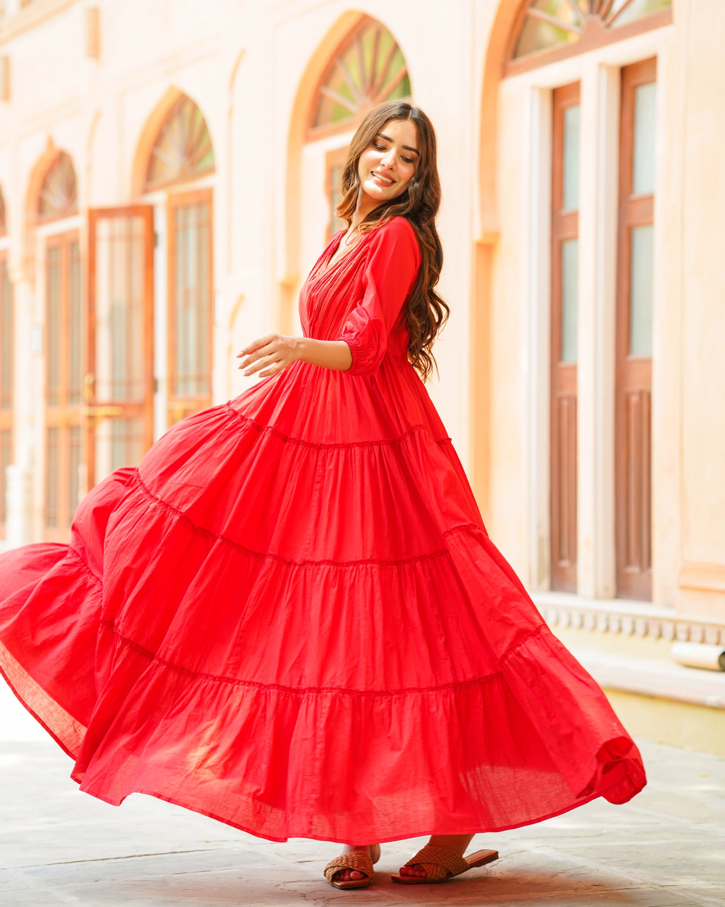 Fiery Red Solid & Tiered Dress – Ambraee