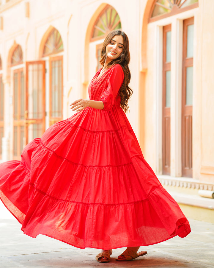 Fiery Red Solid & Tiered Dress