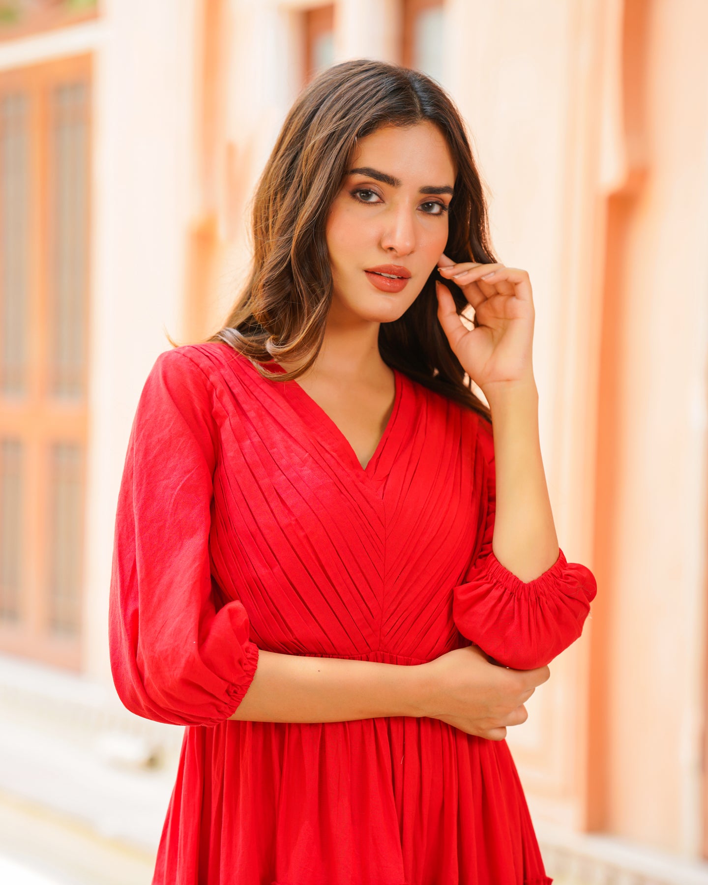 Fiery Red Solid & Tiered Dress – Ambraee