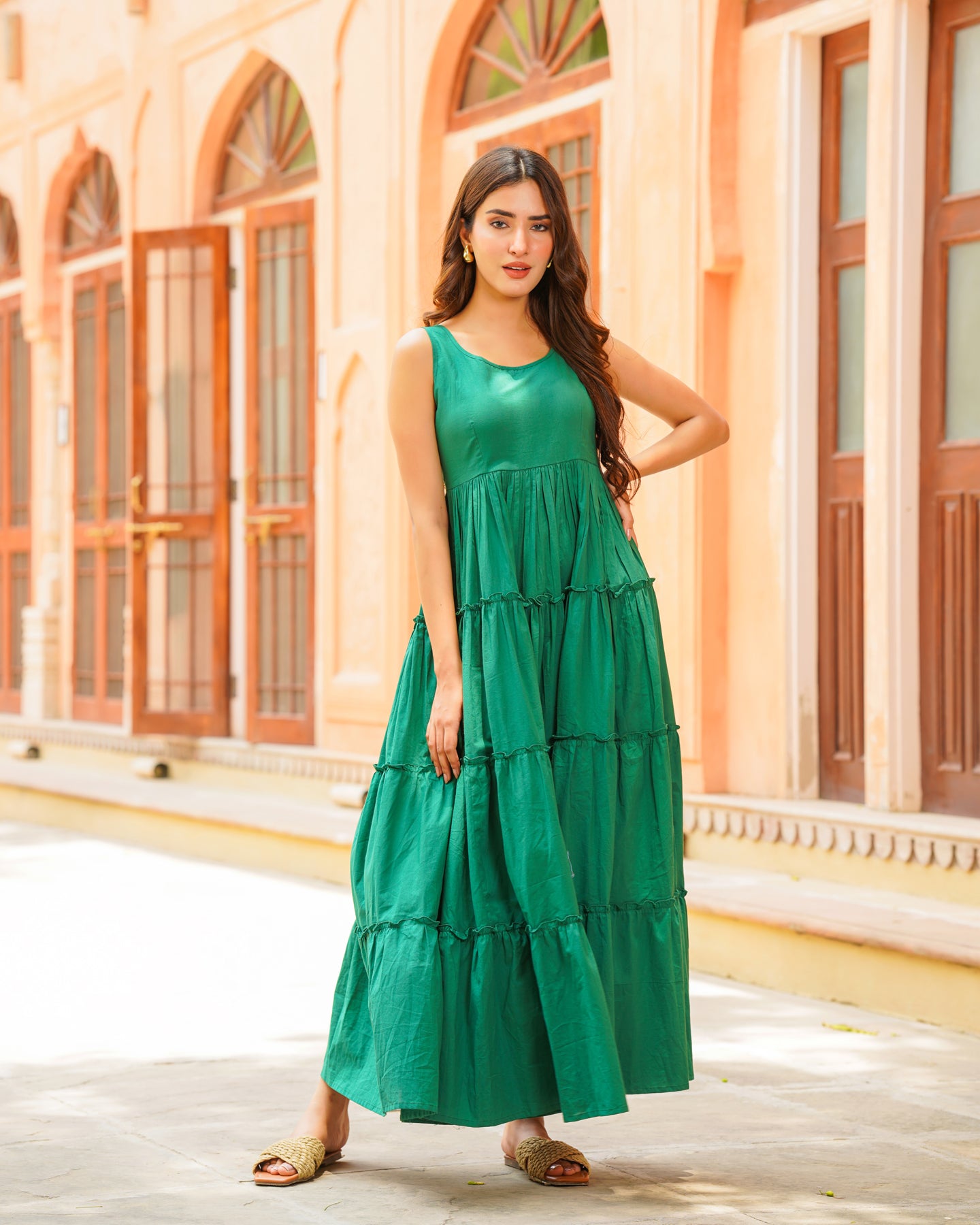 Emerald Green Tiered Maxi Dress Ambraee Emerald Green Tiered Maxi Dress Ambraee