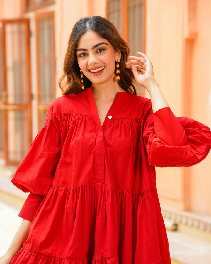 Red Solid & Tiered Short Dress