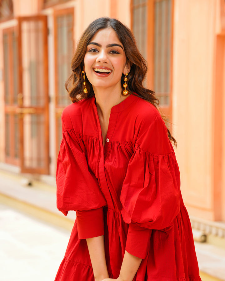 Red Solid & Tiered Short Dress