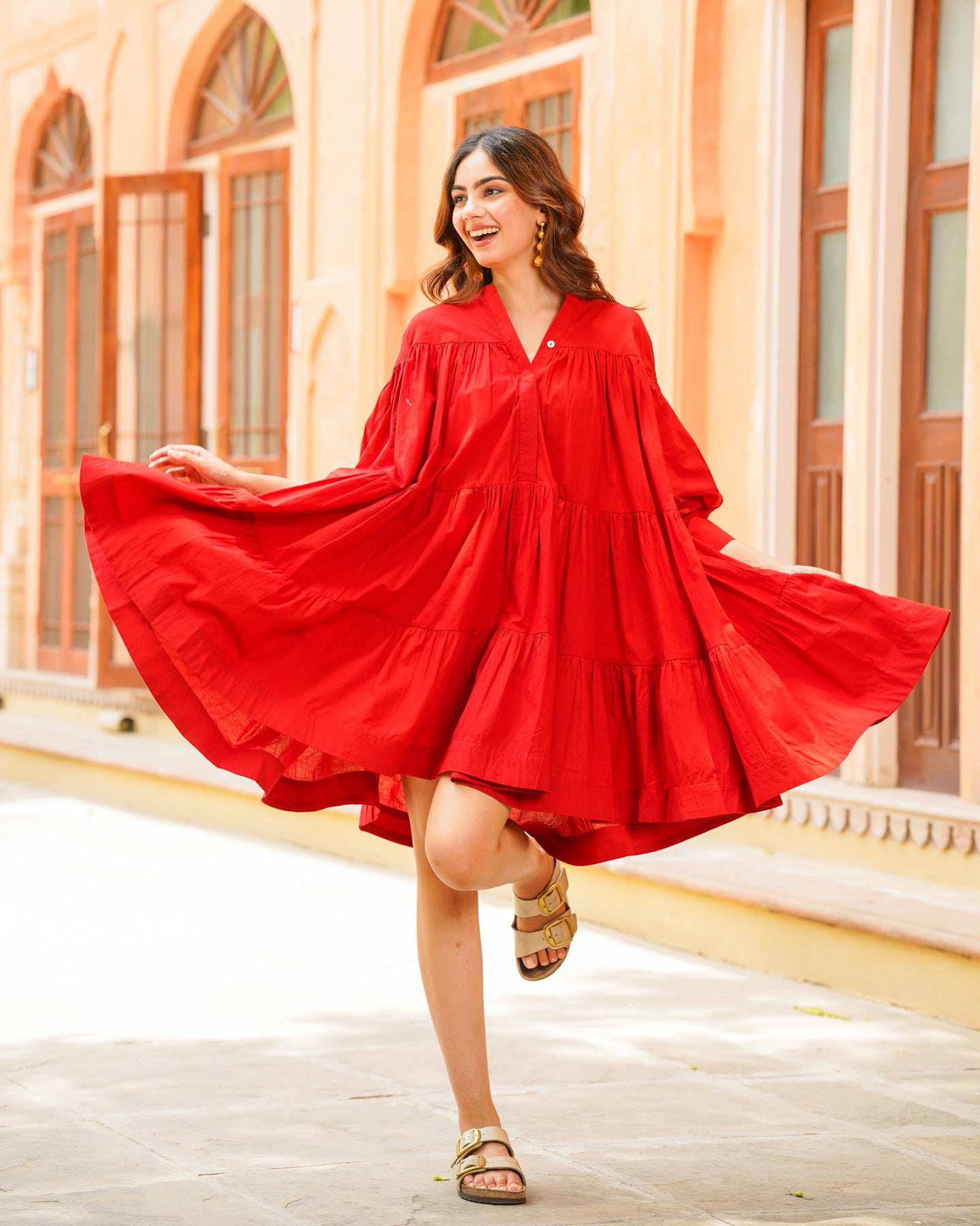 Red Solid & Tiered Short Dress