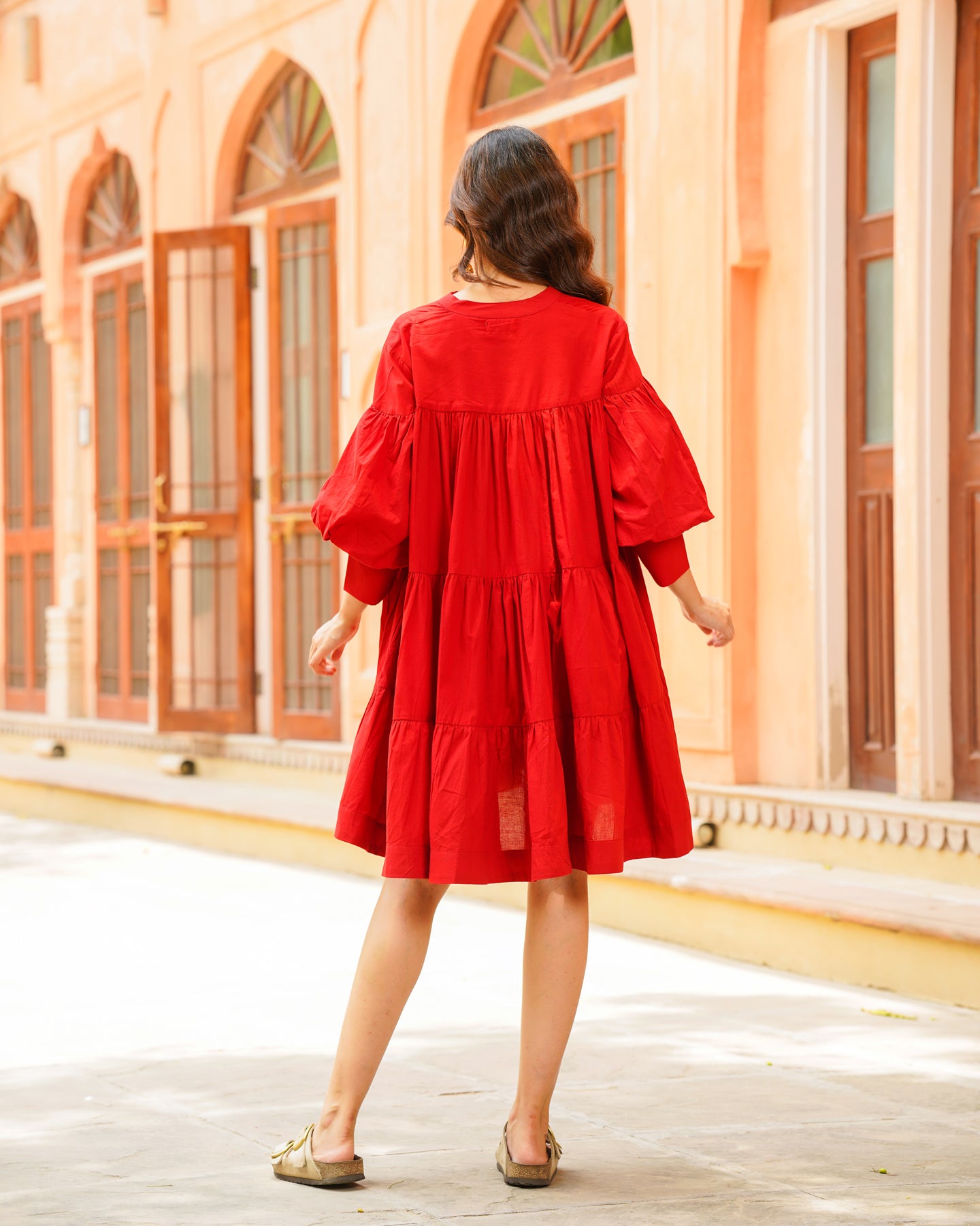 Ambraee Red Solid Cotton Tiered Short Dress for Women | Round Neck 3/4 Sleeve Mini Dress | Casual Flared Dress Women Ambraee Red Solid Cotton Tiered Short Dress for Women | Round Neck 3/4 Sleeve Mini Dress | Casual Flared Dress Women