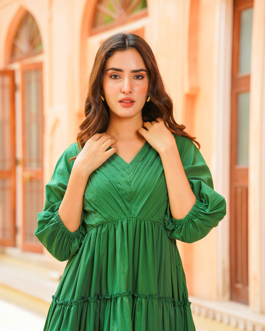 Jade Green Solid & Tiered Dress