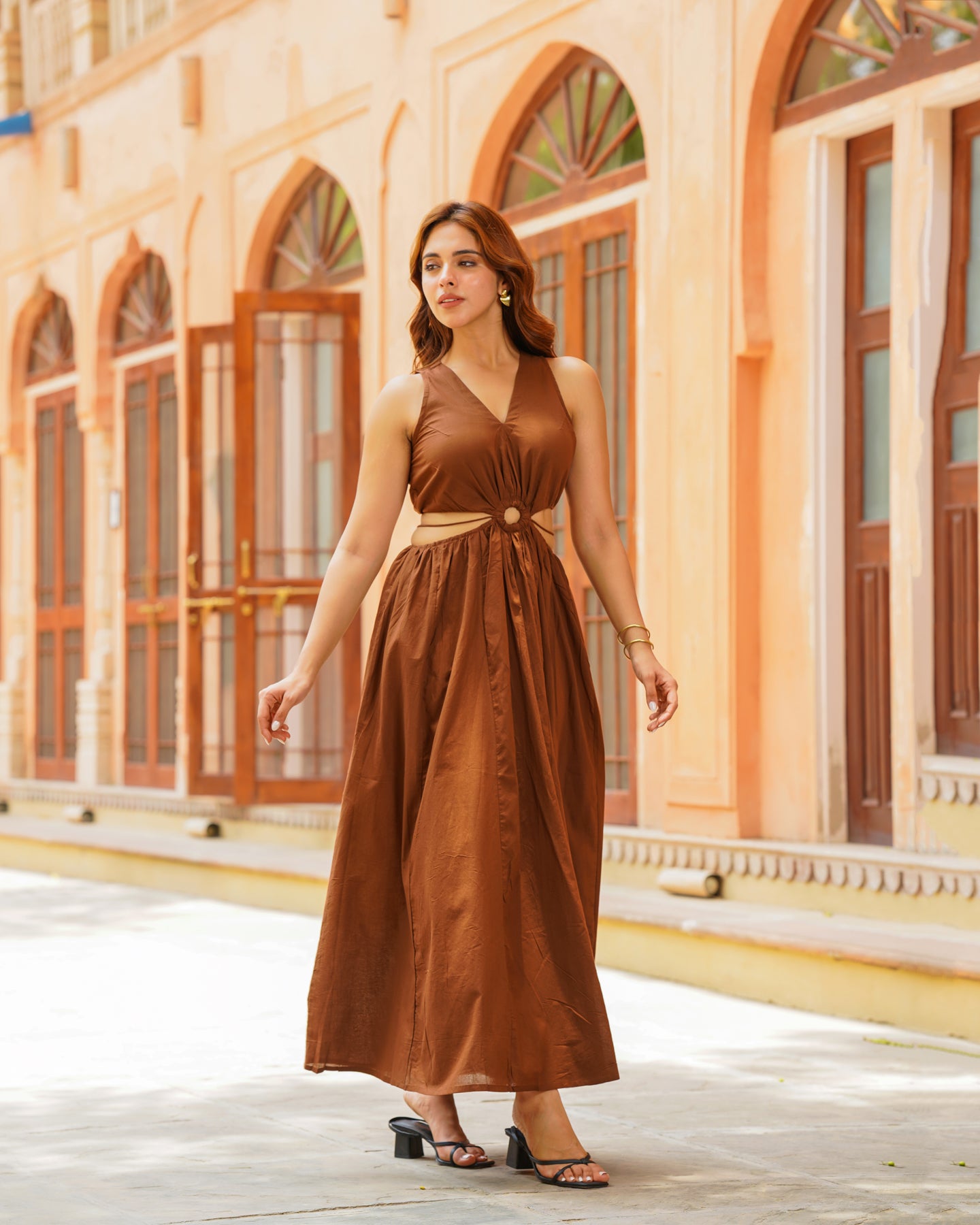 Ambraee Brown Cut-out Cotton Maxi Dress for Women | V-Neck Sleeveless Gathered Dress | Solid Casual Dress Women Ambraee Brown Cut-out Cotton Maxi Dress for Women | V-Neck Sleeveless Gathered Dress | Solid Casual Dress Women