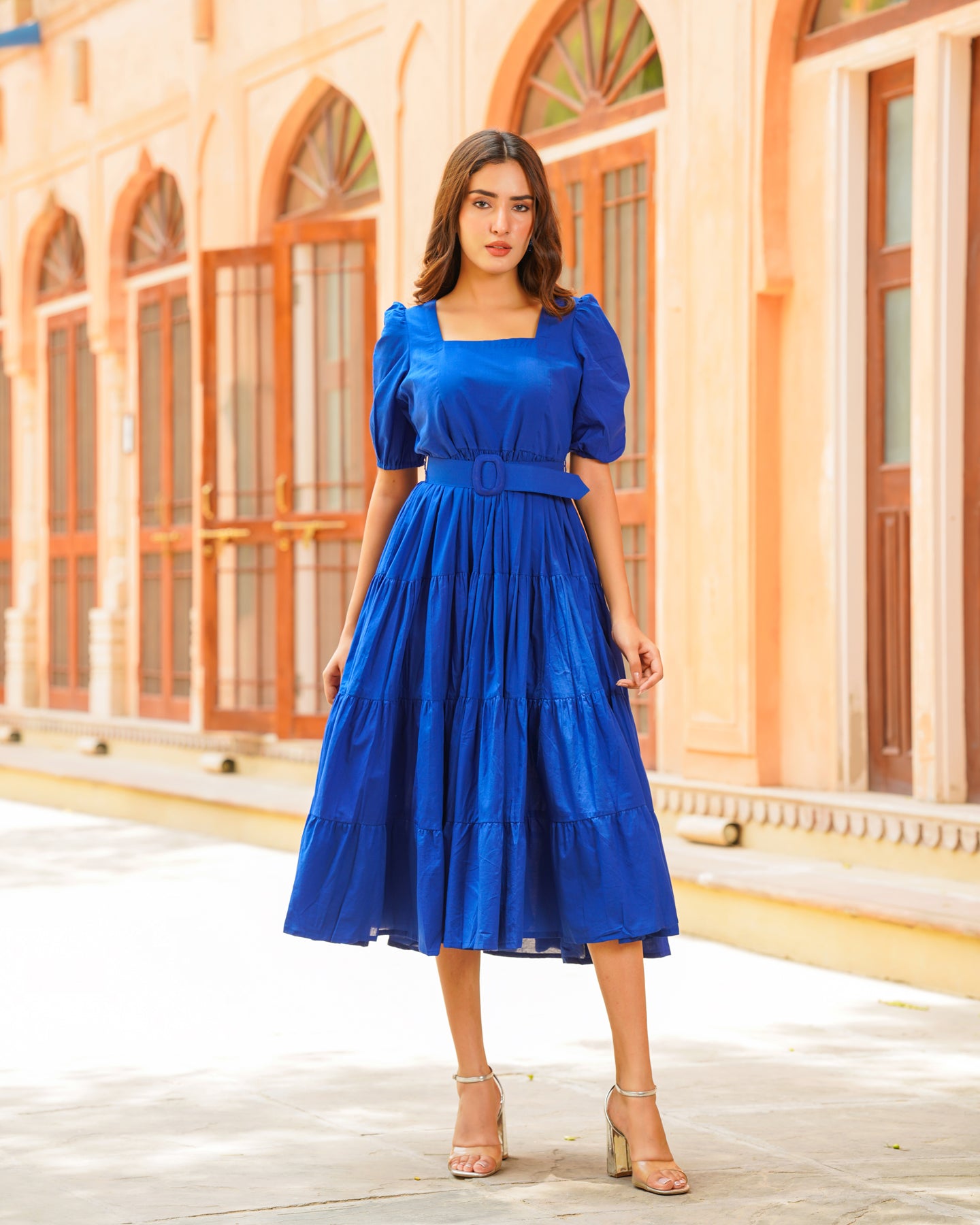 Cobalt Blue Solid Tiered Dress – Ambraee
