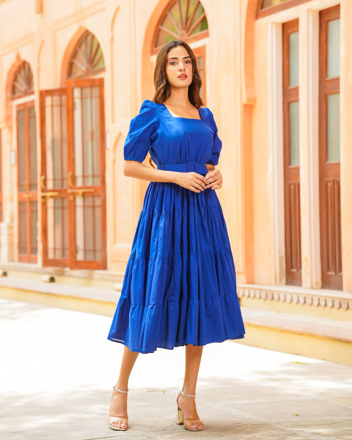 Cobalt Blue Solid Tiered Dress