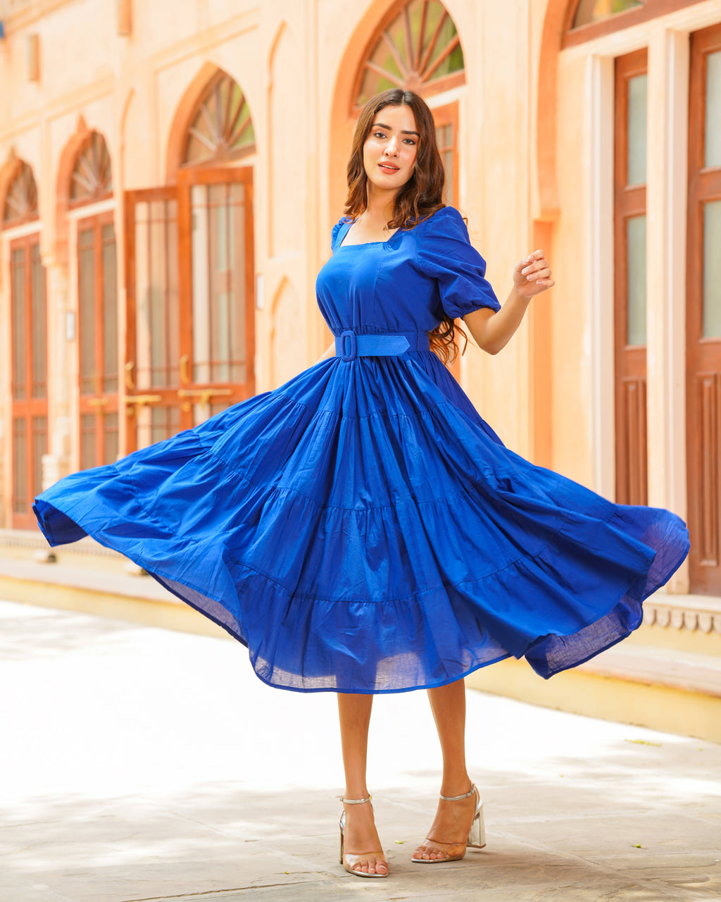 Cobalt Blue Solid Tiered Dress Ambraee Cobalt Blue Solid Tiered Dress Ambraee