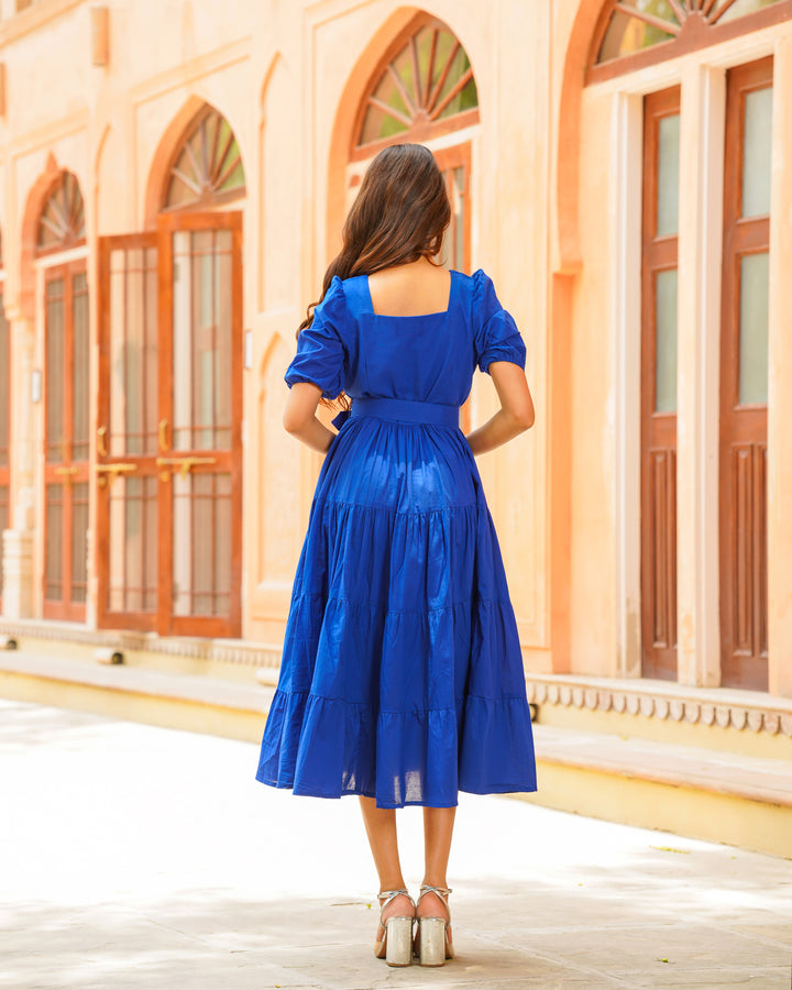 Cobalt Blue Solid Tiered Dress