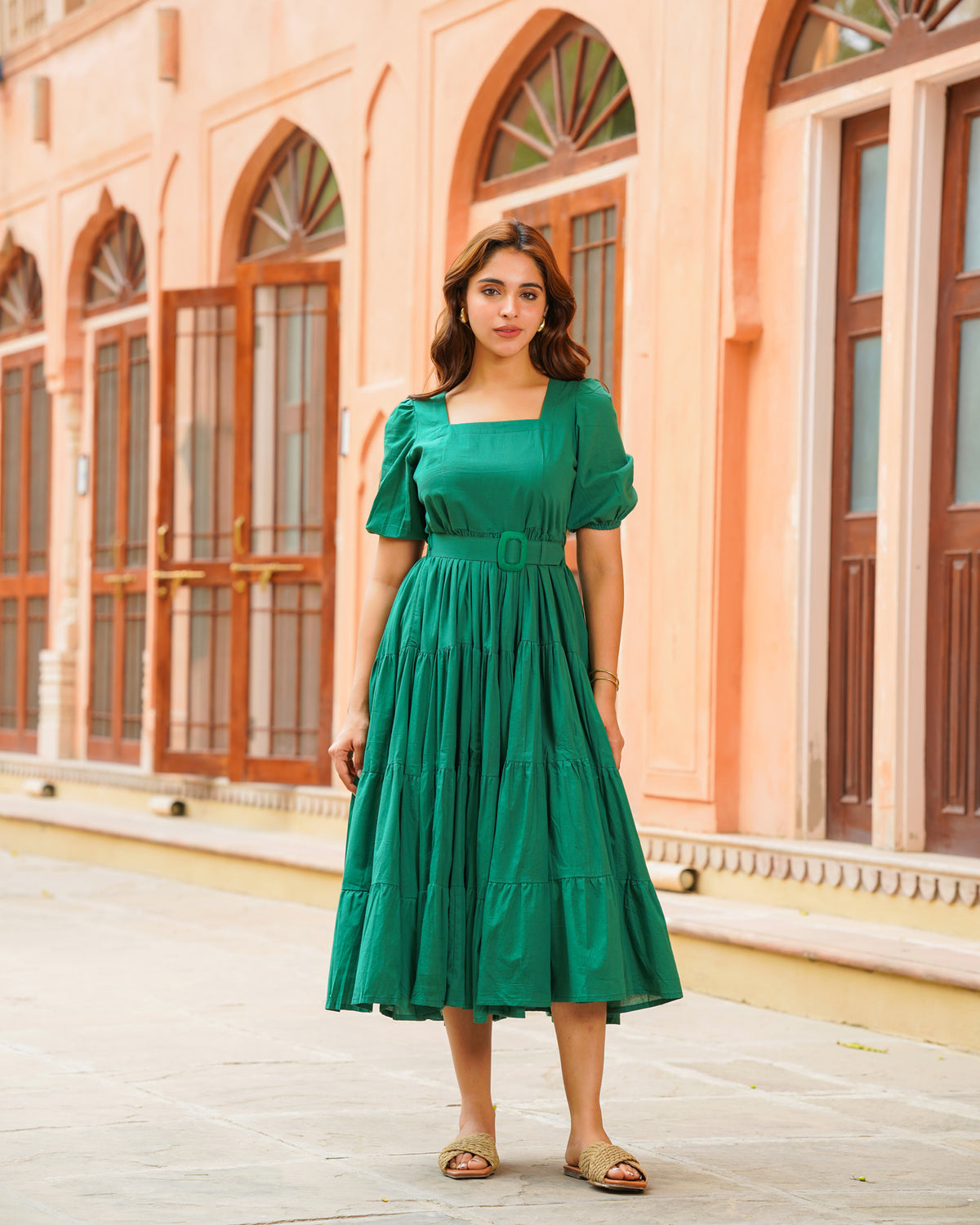 Ambraee Emerald Green Cotton Tiered Dress for Women | Square Neck Elbow Sleeve Midi Dress