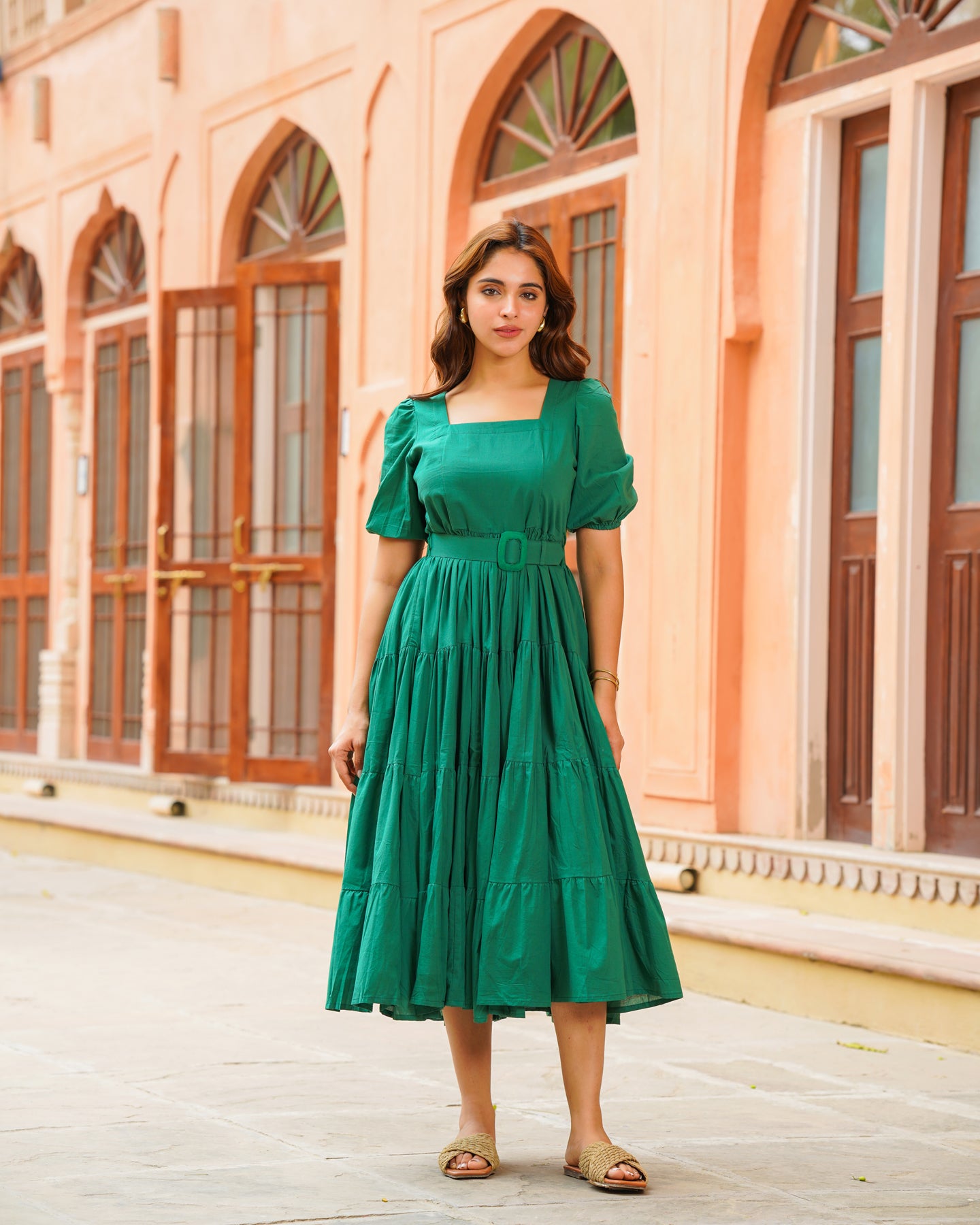 Ambraee Emerald Green Cotton Tiered Dress for Women | Square Neck Elbow Sleeve Midi Dress