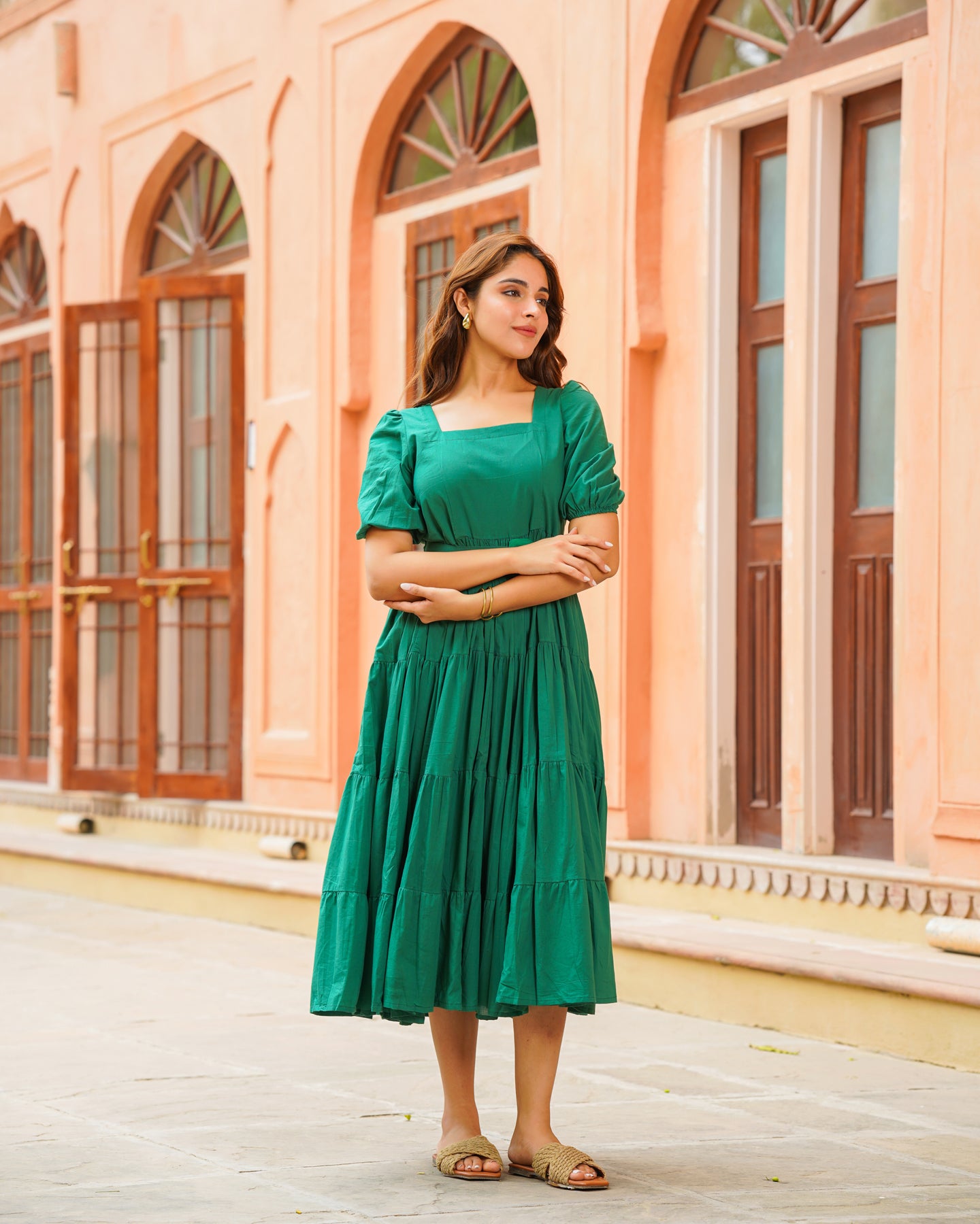 Ambraee Emerald Green Cotton Tiered Dress for Women | Square Neck Elbow Sleeve Midi Dress | Casual Solid Green Dress Ambraee Emerald Green Cotton Tiered Dress for Women | Square Neck Elbow Sleeve Midi Dress | Casual Solid Green Dress