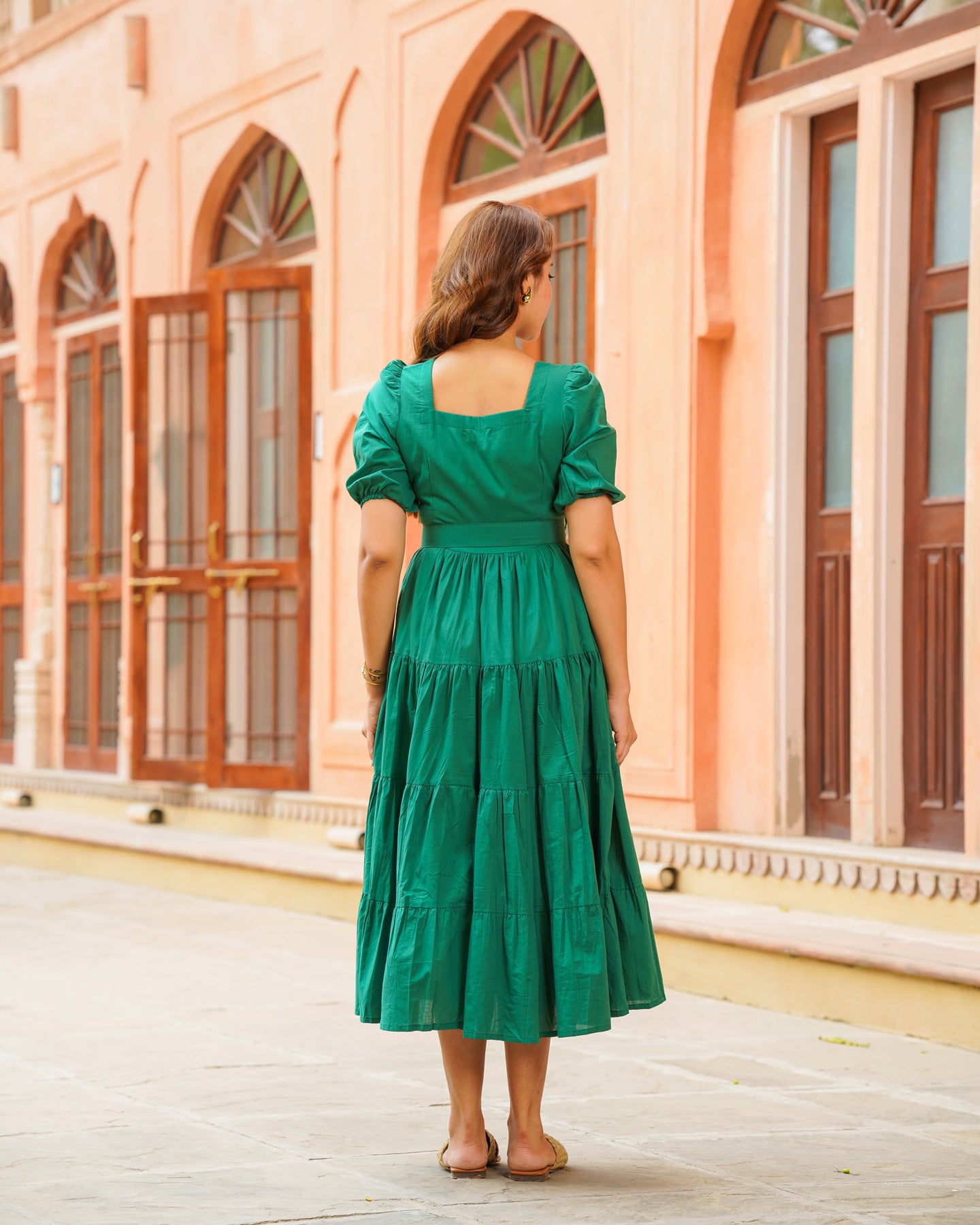 Ambraee Emerald Green Cotton Tiered Dress for Women | Square Neck Elbow Sleeve Midi Dress | Casual Solid Green Dress Ambraee Emerald Green Cotton Tiered Dress for Women | Square Neck Elbow Sleeve Midi Dress | Casual Solid Green Dress